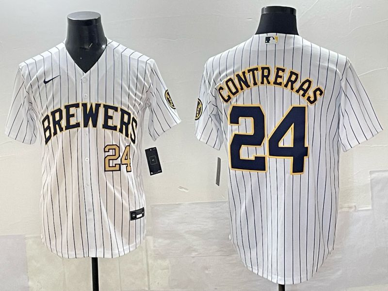 Men Milwaukee Brewers #24 Contreras White Stripe Nike MLB 2025 Jersey 03